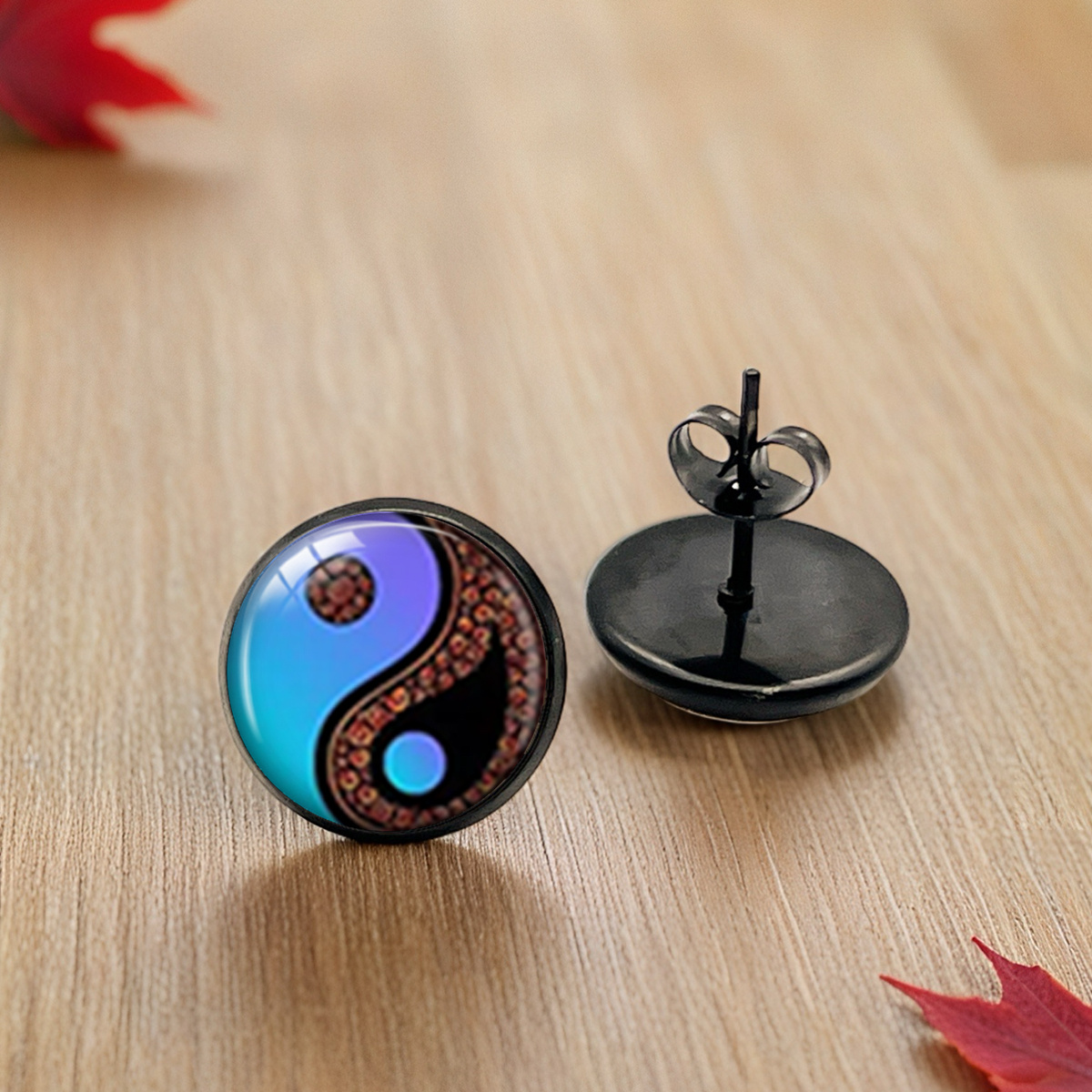 Vintage Ethnic-Style Tai Chi Pattern Round Black Glass Stud Earrings